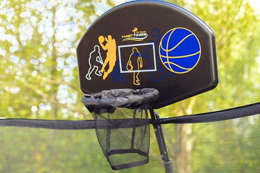 Батут Hasttings Air Game Basketball 15FT (4,6 м) "зеленый" с баскетбольным кольцом + внутренней сеткой и двухсторонним защитным матом (зеленый/синий)